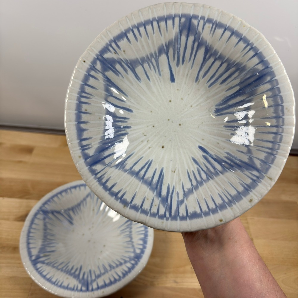 Anthropologie Blue White Starburst Stoneware Bowls Set of 2 Made in Japan 8.25"